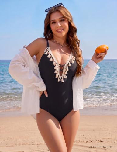 Large Black Blooming Jelly Women One Piece Swimsuit Tummy Control V Neck Tassels Boho Swimwear 2026
