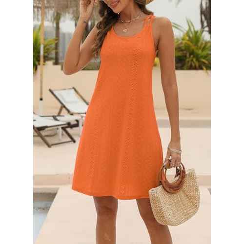 Womens Swimsuit Cover Up Spaghetti Strap Eyelet Embroidery Scoop Neck Sleeveless Casual Summer Dress Bikini Coverup
