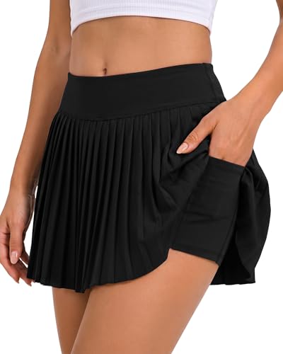Women’s Pleated Tennis Skirt High Waist Golf Skorts with Pockets - Medium Midnight Black