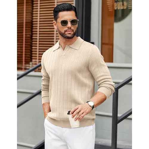 COOFANDY Mens Sweaters Polos Long Sleeve V Neck Knit Polo Lightweight Casual Pullover Sweater