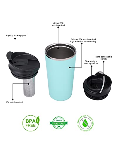 GiNT 17oz Travel Tea Mug with Infuser and 2 Lids - Green, Vacuum Insulated Stainless Steel