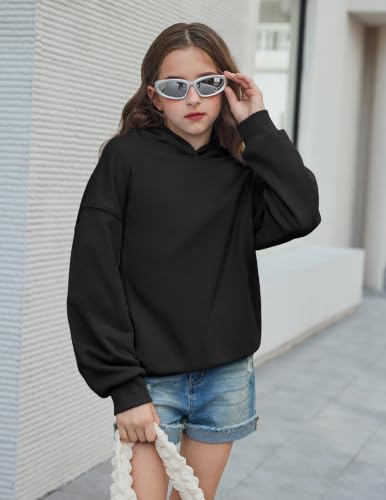 Girls Oversized Fleece Hoodie - Casual Pullover Sweatshirt for 11-12 Years - Black