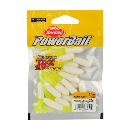 Berkley PowerBait Atomic Tubes Fishing Bait, White Chartreuse, 1.5in, Irresistible Scent and Flavor, Cut Tentacles for Subtle Action, Perfect for Trout, Crappie and Panfish
