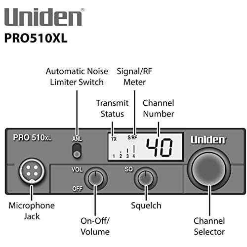 Uniden PRO510XL Pro Series 40-Channel CB Radio. Compact Design. Backlit LCD Display. Public Address. ANL Switch and 7 Watts of Audio Output. Unique PLL Circuit. S/RF LED Meter. , Black