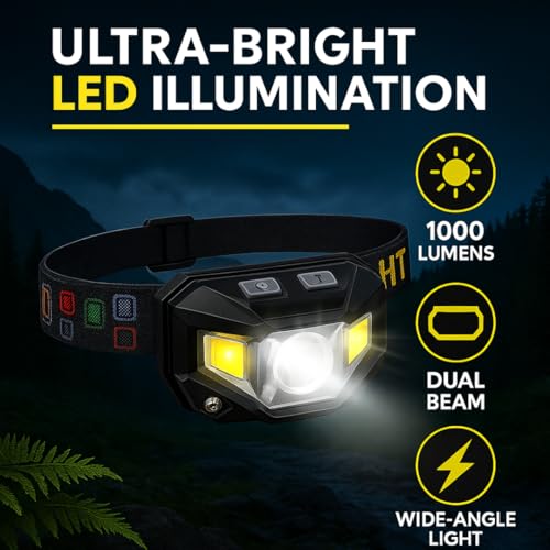 Keeble Outlets Headlamp Flashlight ? 1200 Lumen Ultra-Bright LED Rechargeable Head Lamp with White & Red Light ? Waterproof Motion Sensor Headlights for Camping, Running, Hiking & Fishing (2 Pack)