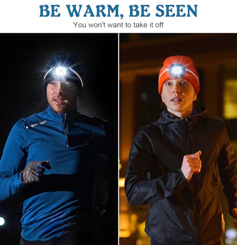 Reflective Stripe Beanie with Light - Warm Outdoor Hat (Black)