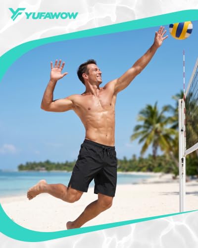 Men's 9 Inch Swim Trunks with Compression Liner, Quick Dry, Zipper Pockets - Black, X-Large