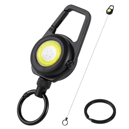Retractable Keychain Condenser Flashlight 300 Lumens Rechargeable 4 Working Modes with Key Ring and Quick Assembly Ring 30 Inch Dyneema Cord for Work Light,Fishing, Camping, Hiking,Emergency (Black)