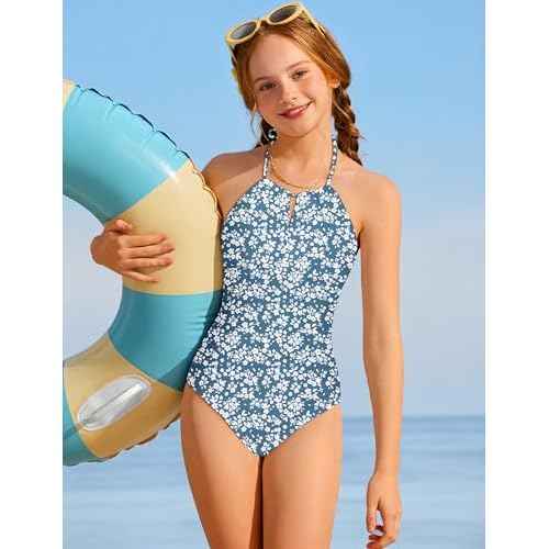Girls One Piece Swimsuits Modest Padded Girls Bathing Suit Adjustable Straps Solid Full Coverage Swimwear Kids 9-16