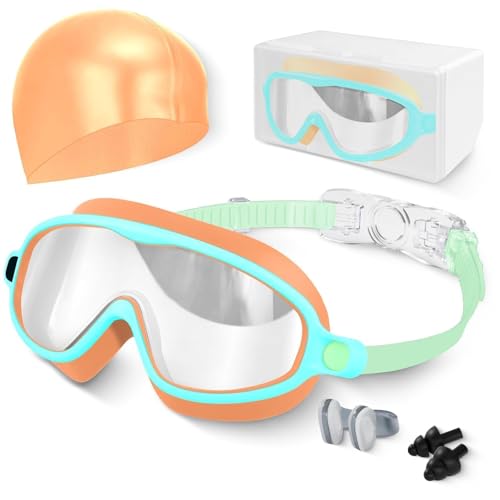 Kids Swim Goggles Anti-Fog UV Protection Wide View with Swim Cap - Yellow & Green