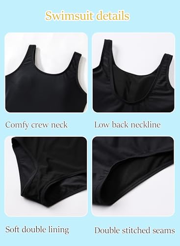 Girls' One Piece Swimsuit 6-16 Years with Removable Chest Pad Quick Dry Black 12 Years