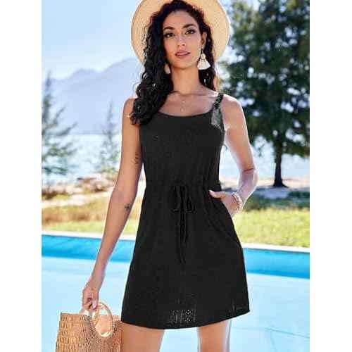 AI'MAGE Swimsuit Cover Up for Women Crochet Hollow Out Bathing Suit Coverups Sleeveless Beach Dress with Pockets S-XXL