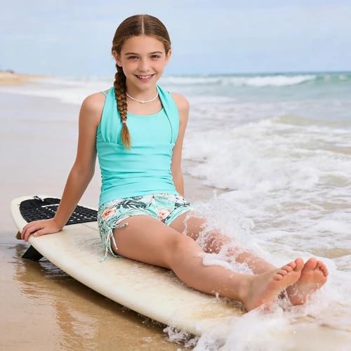 Girls 7-16 Years Slim Fit Two-Piece Halterneck Swimsuit with Printed Shorts - Cyan / 13-14 Years