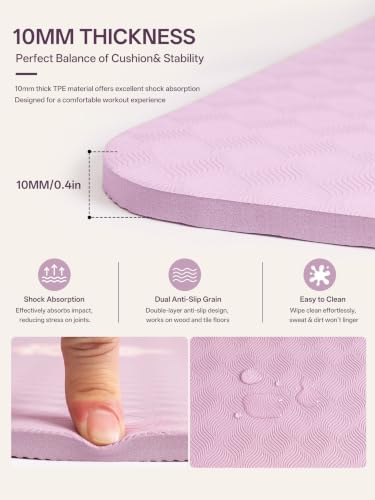 Purple Yoga Mat 73 x 28 inches, 10mm Thick Non-Slip for Pilates & Workout