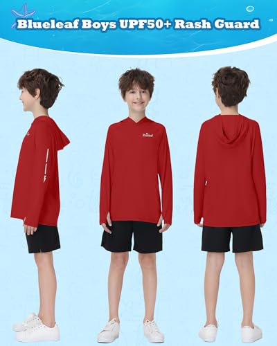 Blueleaf Boys Rash Guard Long Sleeve Hoodie UPF 50+ Sun Protection Fishing Shirt Kids SPF Water Beach UV Shirt - Large / Red
