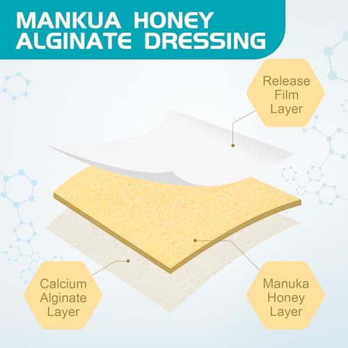 Optiteknik Coated Manuka Honey Calcium Alginate Wound Dressing 2x2 Inches Pack of 10 - High Absorbency, Painless Removal, Medical Grade
