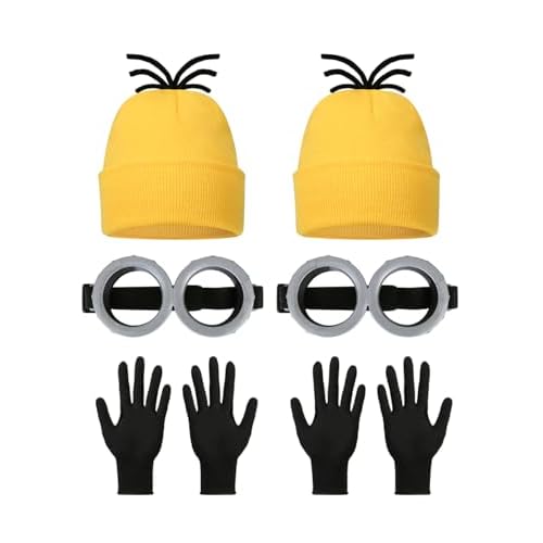 Halloween Costume Adult Accessories,Yellow Beanie Goggles Glasses Gloves for Men Women Cosplay Party Set