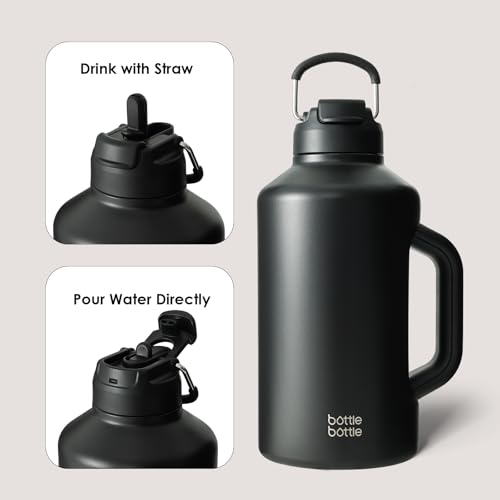 Insulated 64 oz Water Bottle with Dual-Use Lid and Large Handle - Black