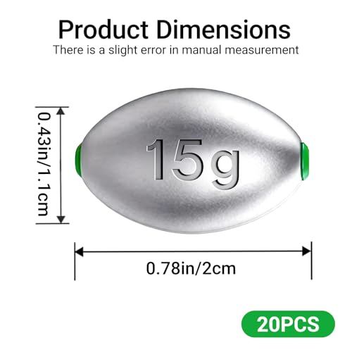 Egg Lead Fishing Sinkers Assorted Sizes - 15g, 20pcs, Oval Shape, Smooth Hole, Saltwater & Freshwater Tackle