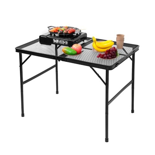 MOOTHLION Portable Camping Table with Wire Mesh Top for Outside, Height Adjustable Grill Table for Camping, Beach, Picnic and BBQ, Black