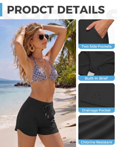 Women’s Swim Board Shorts 3 Inch Ultra Stretch Quick Dry Beach & Poolwear - Medium Black