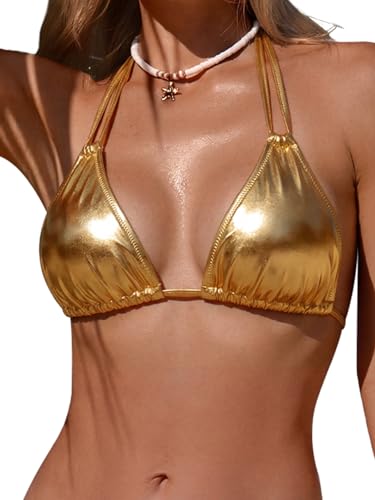 Women's Metallic Triangle Gold Bikini Top - Medium / Gold - Shiny Halter Swimsuit
