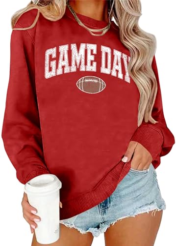 Women Game Day Sweatshirt with Football Graphic Long Sleeve Pullover - Red Large