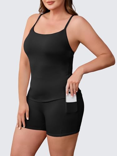 Plus Size Workout 2 Piece Set for Women - Black Halter Tank Top & High Waisted Biker Shorts