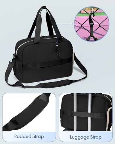 Black Pickleball Tote Bag with Paddle Pocket Shoe Compartment & Detachable Strap