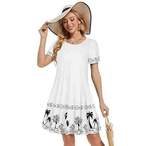 Summer Dresses for Women Casual Tshirt Short Sleeve Floral Sundress Beach Cover Ups with Pockets