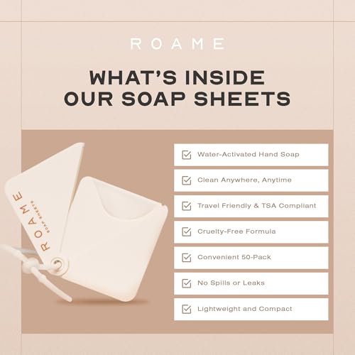 Roame Portable Soap Sheets ? Ultra-Thin Soap for Hand Moisture & Hygiene ? Water-Activated, Compact, Cruelty-Free, Eco-Friendly ? Perfect for Travel Kits & On-the-Go Use ? 50-Pack