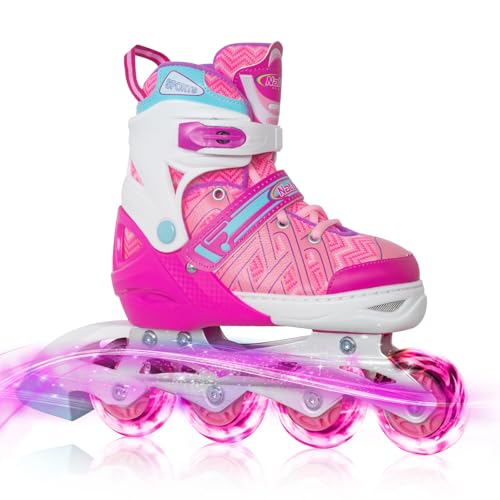 Kids Adjustable Inline Skates Pink Large US 5-8 with Light Up Wheels