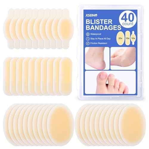 XSEINO Better Blister Bandages - 40ct - Water Resistant - 40% More Cushioning - Hydrocolloid Bandages for Foot, Toe, & Heel - Blister Pads for Prevention & Recovery - Super Quantity Variety Pack