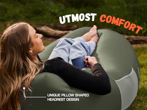 Inflatable Couch Air Lounger Chair - Olive Green Portable Camping & Beach Sofa