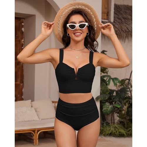 GRAPENT Bikini Tops for Women Cropped Tankini Tops Beach V Bar Padded Ruched Adjustable Strap Swimsuit Swim Top Only