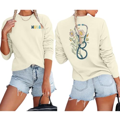 Nurse Graphic Crewneck Sweatshirts for women Floral Stethoscope Lightweight Sweatshirt Pullover Hoodie Nurses Gifts