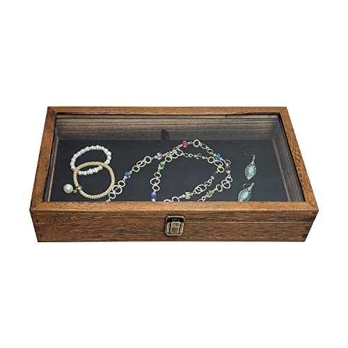 Wood Jewelry Display Case with Tempered Glass Top - Brown, 2.75 Inch High
