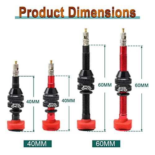 Tubeless Valve Kit with Presta Stems 40mm Red No Leak Alloy Caps & Core Remover