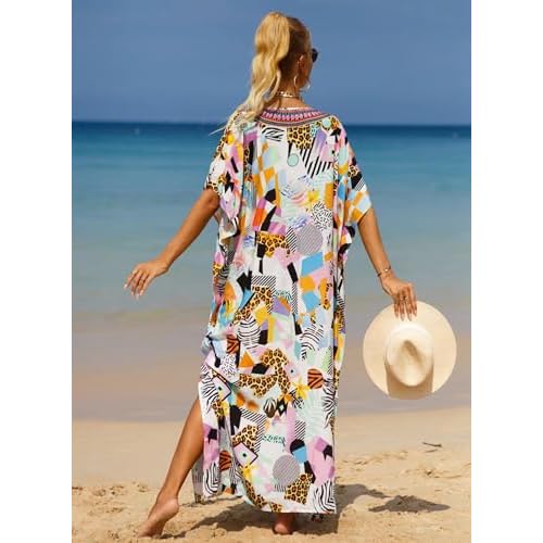 Women's V-Neck Batwing Sleeve Kaftan Dress Lightweight Beach Swimwear Cover Up for Mumu Tropical Vacation