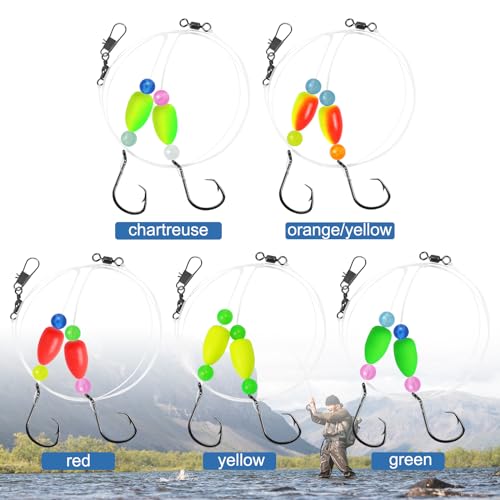 Pre-Rigged Saltwater Fishing Rigs with Floats Beads Double Circle Hooks - 5 Colors 15PCS