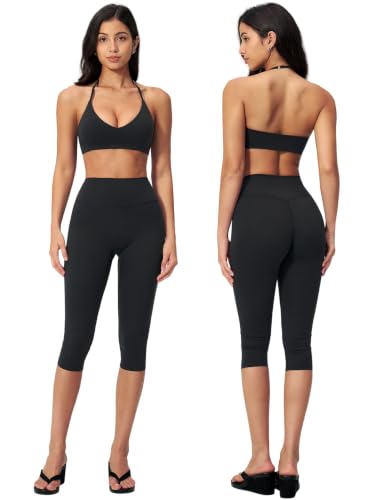 ABOCIW Capri Workout Sets for Women Small Black V Neck Sports Bra High Waist Leggings
