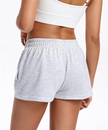 Women's Grey Medium High Waist Cotton Sweat Shorts with Pockets - Casual Summer Lounge Wear