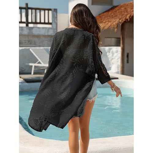 BB&KK Kimonos for Women Long Beach Cover Ups Summer Swimwear Sheer Boho Embroidery Open Front Floral Midi