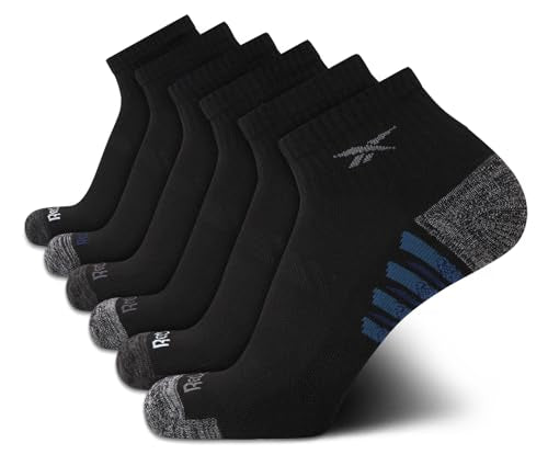 Reebok Men's Quarter Socks with Arch Support - Black 6 Pack