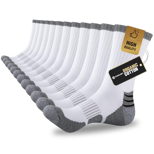 Men's Cotton Crew Socks Large X-Large White - Moisture Wicking Cushioned Work Boots 6 Pairs