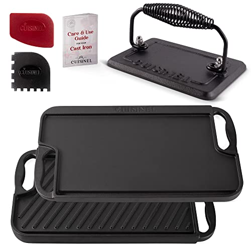 Reversible Cast Iron Griddle with Grill Press Set - 16.75 Inch, Double-Sided Cooking Surface