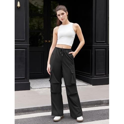 Womens Cargo Pants Elastic Waist Wide Leg Parachute Pants with 4 Pockets Baggy Hiking Trousers Travel Y2K Waterproof