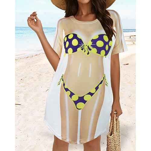 elescat Women's Beach Cover Up Bikini Printed Short Sleeve Tshirt Dress Baggy Cute Coverups