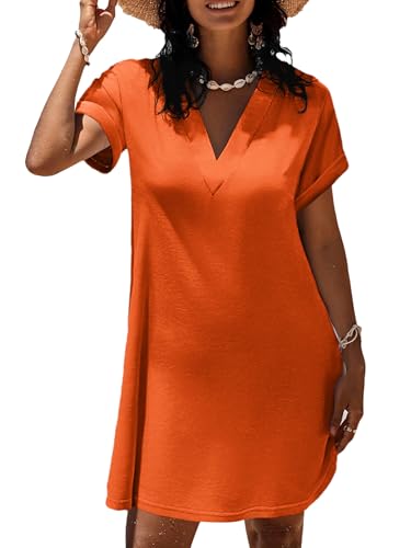 Women's Beach Coverup T-Shirt Dress with Pockets - Orange Medium