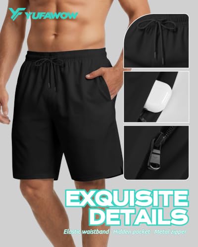 Men's 9 Inch Swim Trunks with Compression Liner, Quick Dry, Zipper Pockets - Black, X-Large
